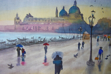 Ζωγραφική με τίτλο "Rain in Venice" από Elena Gaivoronskaia, Αυθεντικά έργα τέχνης, Ακουαρέλα