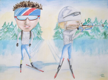 AQUARELLE originale et unique: Grosses têtes biathlètes Peinture intitulée "AQUARELLE originale…" par Isabelle Redonnet, Œuvre d'art originale, Aquarelle