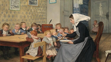 La nurserie Peinture intitulée "La nurserie" par Albert Anker, Œuvre d'art originale, Huile