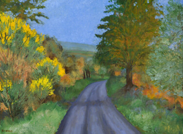 Peinture intitulée "LA ROUTE AUX GENETS" par Renand, Œuvre d'art originale, Huile Monté sur Châssis en bois