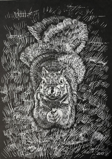 SQUIRELL IN THE GRASS - small drawing, original gift, black Dessin intitulée "SQUIRELL IN THE GRA…" par Alona Vakhmistrova, Œuvre d'art originale, Stylo gel