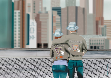 Painting titled "Couple devant Skyli…" by Marie Perony, Original Artwork, Digital Painting