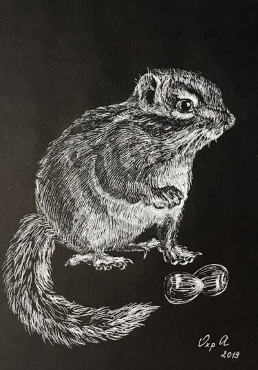 SQUIRELL - small drawing, original gift, black and white Dessin intitulée "SQUIRELL - small dr…" par Alona Vakhmistrova, Œuvre d'art originale, Stylo gel