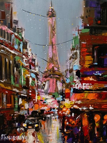 Sunset in Paris - Paris cityscape painting Schilderij getiteld "Sunset in Paris - P…" door Aliaksandra Tsesarskaya, Origineel Kunstwerk, Acryl Gemonteerd op Frame voor…