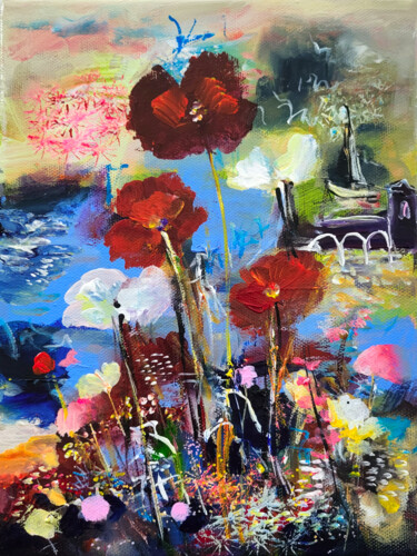 Peinture intitulée "Fleurs de mystère" par Muriel Cayet, Œuvre d'art originale, Acrylique Monté sur Châssis en bois