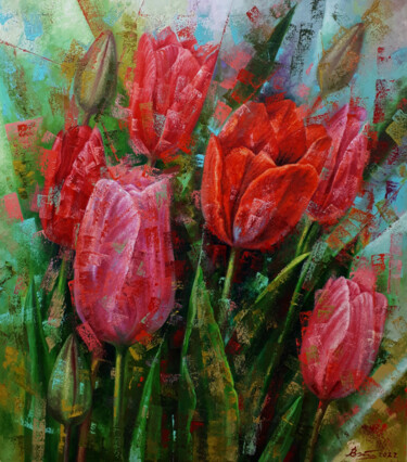 Картина под названием "FIRST TULIPS" - Serhii Voichenko, Подлинное произведение искусства, Масло