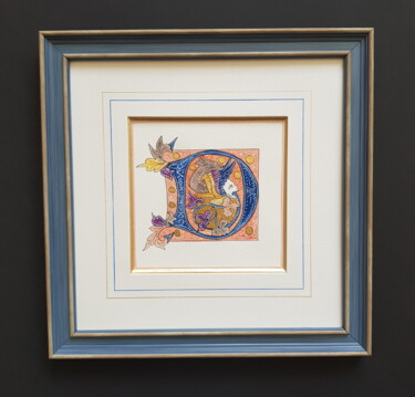 Framed initial letter D in dark blue and gold with dragon Painting titled "Framed initial lett…" by Ekaterina Andreeva, Original Artwork, Watercolor Mounted on Plexiglass