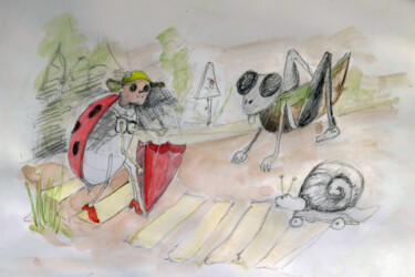 Painting titled "La coccinelle au pa…" by Michel Hamelin, Original Artwork, Pencil