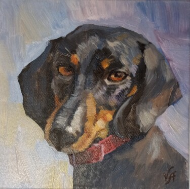 Painting titled "DACHSHUND ON BLUE -…" by Alona Vakhmistrova, Original Artwork, Oil Mounted on Wood Stretcher frame