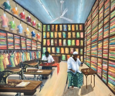 Sari Shop - Owner & Worker - Penang - Malaysia Painting titled "Sari Shop - Owner &…" by Laurence Blanchard, Original Artwork, Oil Mounted on Wood Stretcher frame
