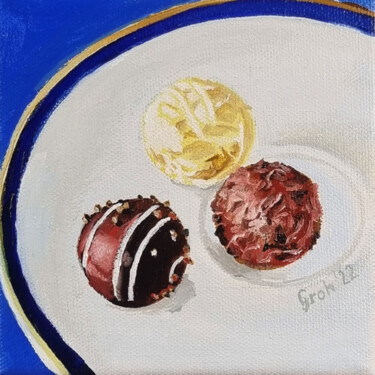 Trüffelpralinen auf Teller Malerei mit dem Titel "Trüffelpralinen auf…" von Arne Groh, Original-Kunstwerk, Öl Auf Keilrahmen aus Holz montiert