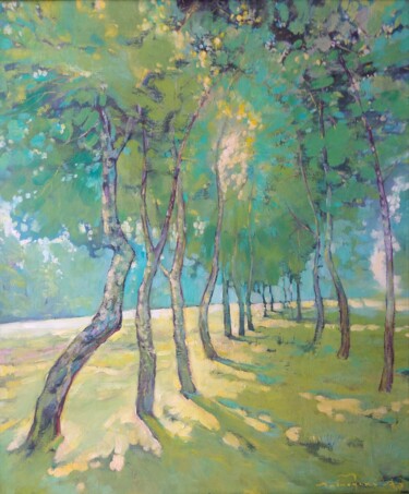 Painting titled "Birch Grove" by Anatoli Labkouski, Original Artwork, Oil Mounted on Wood Panel
