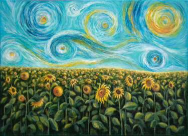 Starry Night Flowers 1 Pittura intitolato "Starry Night Flower…" da Mila Moroko, Opera d'arte originale, Olio Montato su Telaio per barella in legno