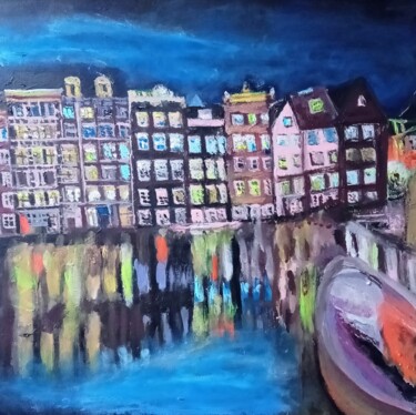 Painting titled "Amsterdam noca" by Krystyna Mościszko, Original Artwork, Acrylic