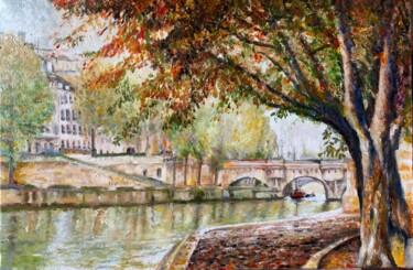 Peinture intitulée "Pont Neuf en automne" par Philippe Petit, Œuvre d'art originale, Huile Monté sur Châssis en bois