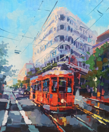 「Red tram (24x30cm,…」というタイトルの絵画 Narekによって, オリジナルのアートワーク, オイル ウッドストレッチャーフレームにマウント