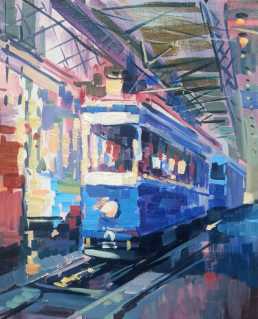 「Blue tram (24x30cm,…」というタイトルの絵画 Narekによって, オリジナルのアートワーク, オイル ウッドストレッチャーフレームにマウント