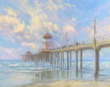Painting titled "Pier Stroll At Newp…" by Tatyana Fogarty, Original Artwork, Oil Mounted on Other rigid panel