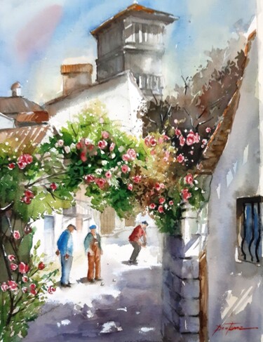 Peinture intitulée "joueurs de boules" par Jean Senterre, Œuvre d'art originale, Aquarelle
