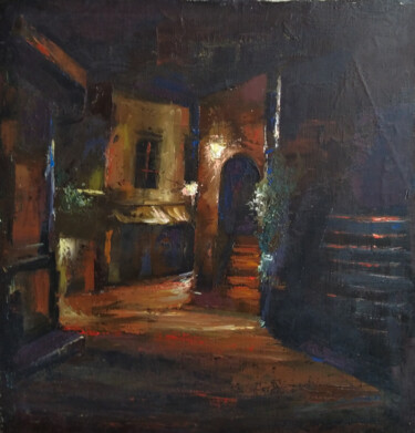 「Night cityscape (40…」というタイトルの絵画 Kamsar Ohanyanによって, オリジナルのアートワーク, オイル ウッドストレッチャーフレームにマウント