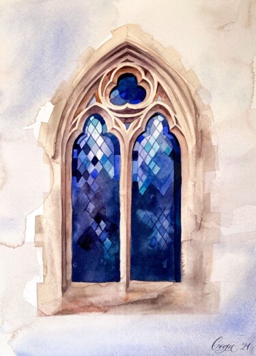 Painting titled "Deep Blue Window" by Oleksandra Hoha, Original Artwork, Watercolor