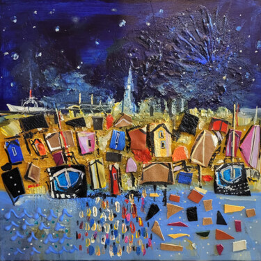 Peinture intitulée "Quai de décembre" par Muriel Cayet, Œuvre d'art originale, Acrylique Monté sur Châssis en bois