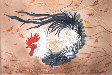 Painting titled "coq dans le vent -…" by Patricia Giroldini Hyvernat, Original Artwork, Watercolor