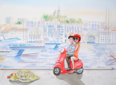 Aquarelle originale et unique de Marseille en Vespa. Peinture intitulée "Aquarelle originale…" par Isabelle Redonnet, Œuvre d'art originale, Aquarelle