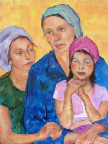 Painting titled ""Mère et filles"" by Ghislaine Rimmen-Mohl, Original Artwork, Oil Mounted on Wood Stretcher frame