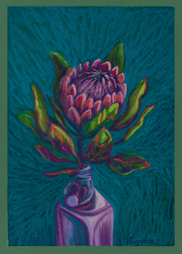 Σχέδιο με τίτλο "Protea on teal" από Oksana Muzyka, Αυθεντικά έργα τέχνης, Παστέλ