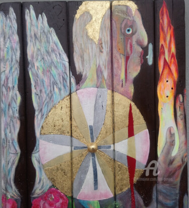 Malerei mit dem Titel "Engel mit Katze" von Lari Peters, Original-Kunstwerk, Acryl