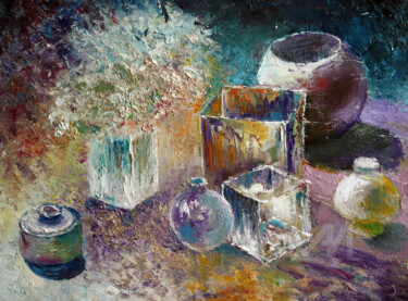Painting titled "Still life with per…" by Vladimir Volosov, Original Artwork, Oil Mounted on Wood Stretcher frame