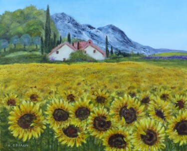 제목이 "Les Tournesols"인 미술작품 H. Oriaut로, 원작, 기름 나무 들것 프레임에 장착됨