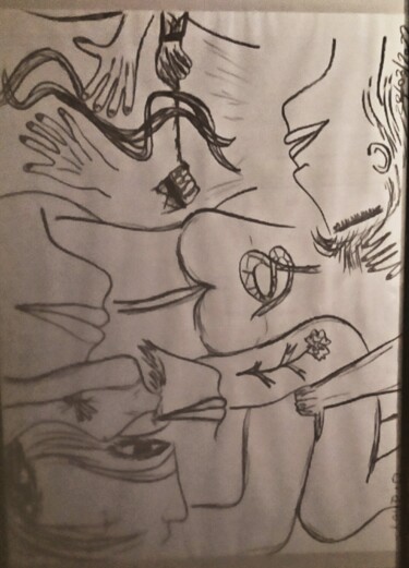 Drawing titled "Amour coquin" by Claudie Savelli (CLAUDIE-SAVELLI-CLAUDIA), Original Artwork, Charcoal Mounted on Cardboard