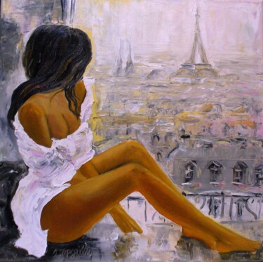 Paris with woman in whit dress Peinture intitulée "Paris with woman in…" par Oksana Gordijko, Œuvre d'art originale, Huile