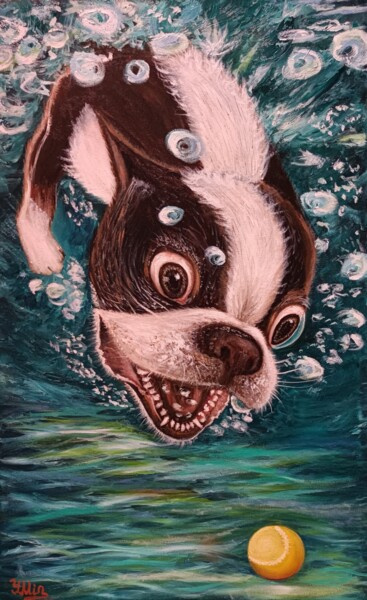 French bulldog diving for a ball. Schilderij getiteld "French bulldog divi…" door Irina Minevich, Origineel Kunstwerk, Olie