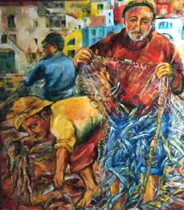 Pittura intitolato "Pescatori a Procida" da Mario Riva, Opera d'arte originale, Olio Montato su Pannello di legno