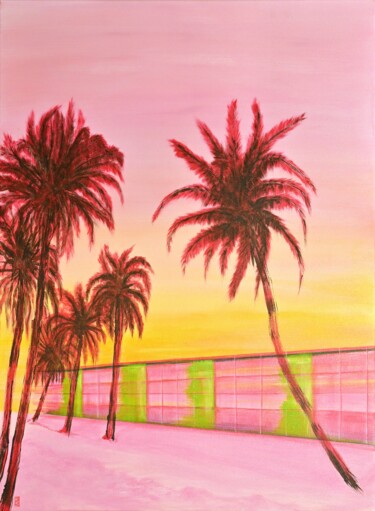 Painting titled "Rosy Palmes" by Flo.Lysine, Original Artwork, Acrylic Mounted on Wood Stretcher frame