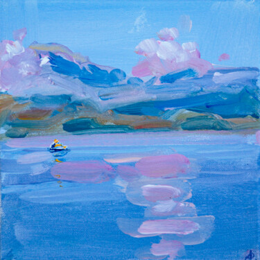 Tenderness - calm seascape, blue purple, mountain, boat, bay Painting titled "Tenderness - calm s…" by Dina Aseeva, Original Artwork, Acrylic Mounted on Wood Stretcher frame