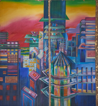 Ville Colorée derrière la vitre Painting titled "Ville Colorée derri…" by Hilda Garman, Original Artwork, Oil