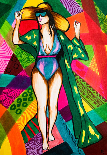 Sexy lady in swimsuit on the beach bright wall art for gift Картина под названием "Sexy lady in swimsu…" - Elena Polak, Подлинное произведение искусства, Маркер