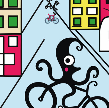 数字艺术 标题为“cyclist squid” 由Josep Domènech, 原创艺术品, AI生成的图像 安装在纸板上