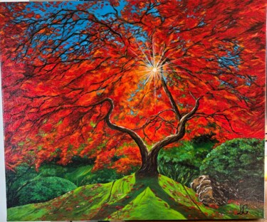 Painting titled "L'Arbre orange" by Laetitia Chambault, Original Artwork, Acrylic Mounted on Wood Stretcher frame