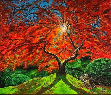 Painting titled "L'Arbre orange" by Laetitia Chambault, Original Artwork, Acrylic Mounted on Wood Stretcher frame