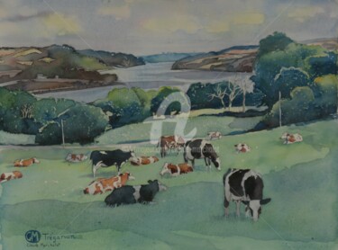 Peinture intitulée "Les vaches de Tréga…" par Claude Marchalot, Œuvre d'art originale, Aquarelle Monté sur Autre panneau rig…