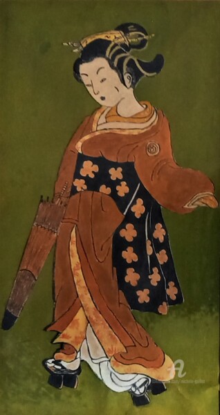 JAPONAISE / JAPANESE WOMAN Malerei mit dem Titel "JAPONAISE / JAPANES…" von Michele Madeleine Guillot, Original-Kunstwerk, Öl Auf Glas montiert
