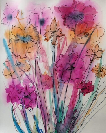 Schilderij getiteld "bouquet rose et ora…" door Marina Mothes, Origineel Kunstwerk, Aquarel