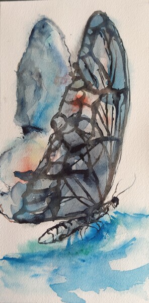 Schilderij getiteld "papillon bleu" door Marina Mothes, Origineel Kunstwerk, Aquarel