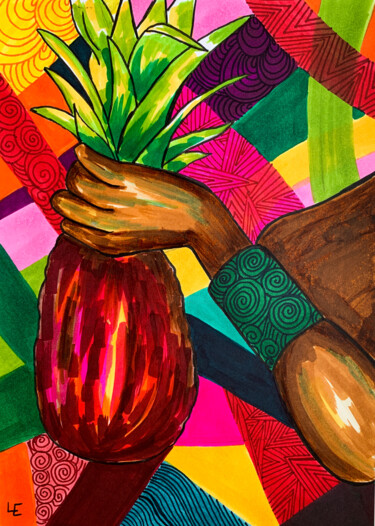 Juicy Pineapple bright abstract drawing small gift Картина под названием "Juicy Pineapple bri…" - Elena Polak, Подлинное произведение искусства, Маркер