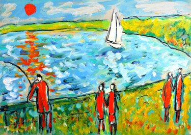 Painting titled "La pêche à la ligne1" by Jean Mirre, Original Artwork, Oil